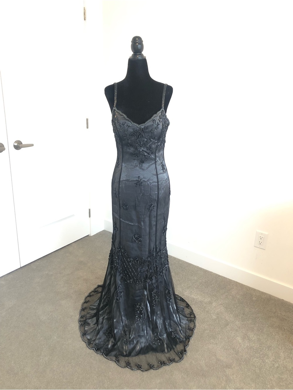 Luxury Grey Beaded Formal Evening Gown - Elegant Spaghetti Strap Dress